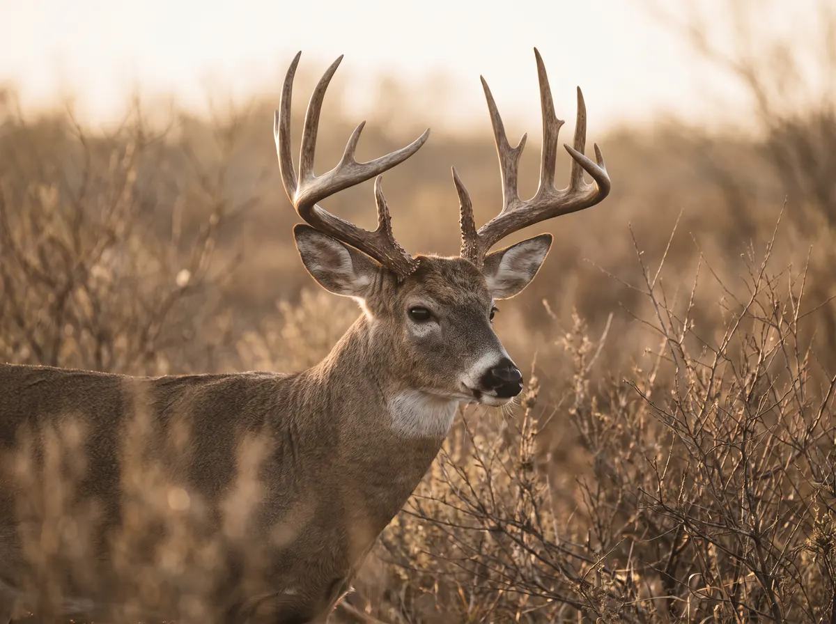 Mature whitetail buck with a heavy antler rack in South Texas brush at sunrise
