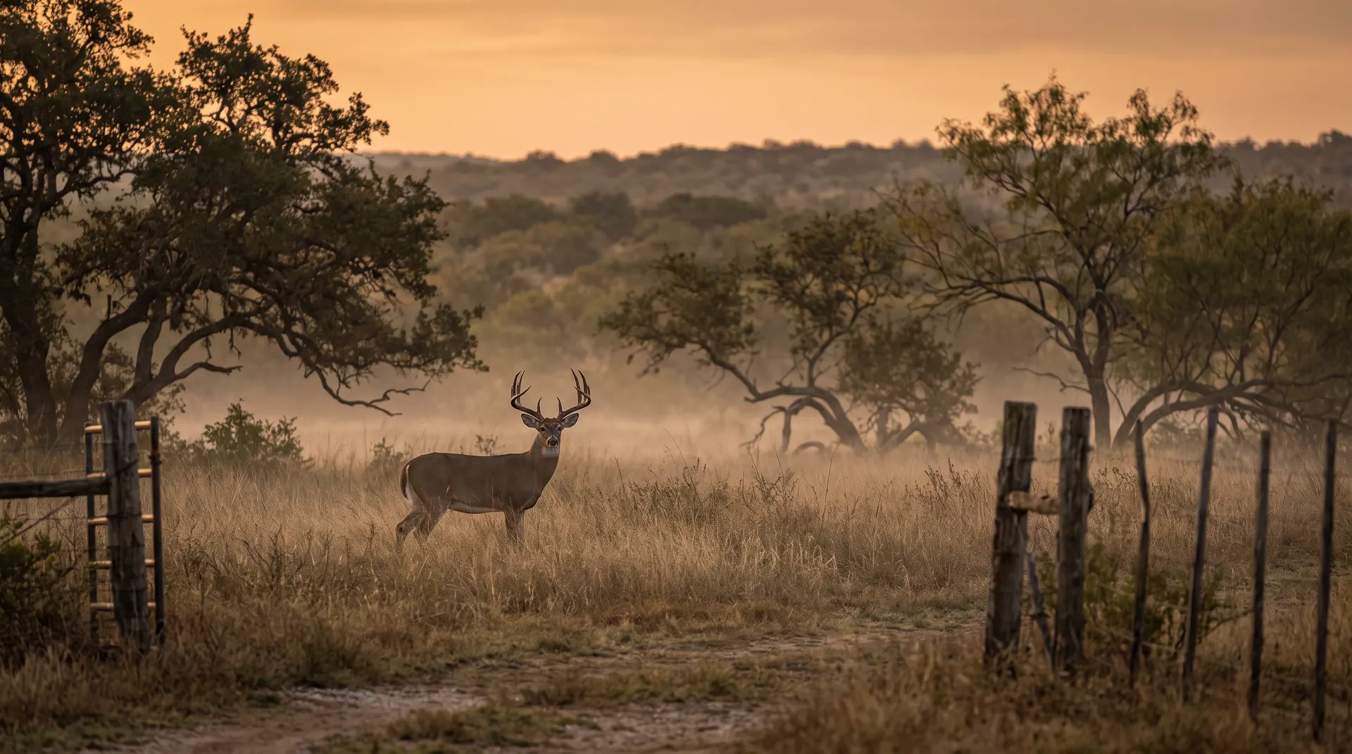 A whitetail buck standing in misty South Texas brush country at dawn, on Ty Co Ranch