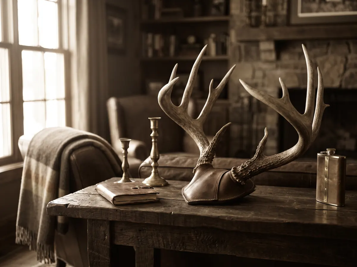 Whitetail antler mount resting on a wooden table in a lodge setting